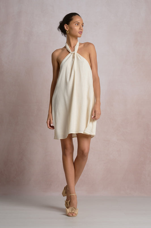 Halter Neck Tie Mini Dress - Off White