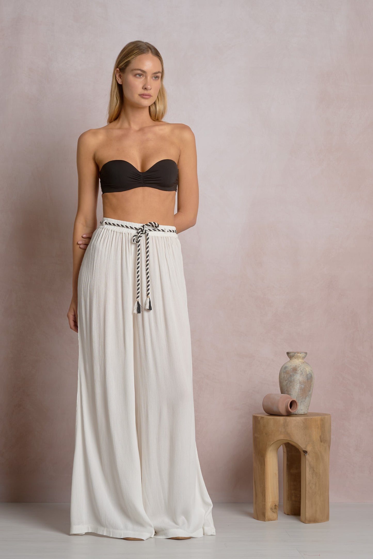 Flowy Pants with Braided Rope Tie - White
