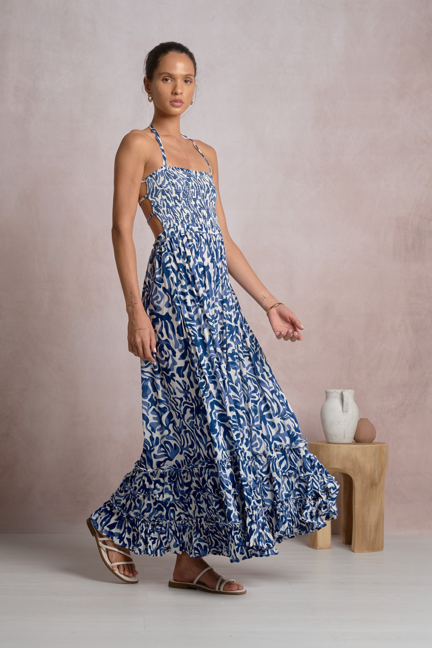 Spaghetti Strap Open Back Smocked Front Maxi Dress - Blue Carolina