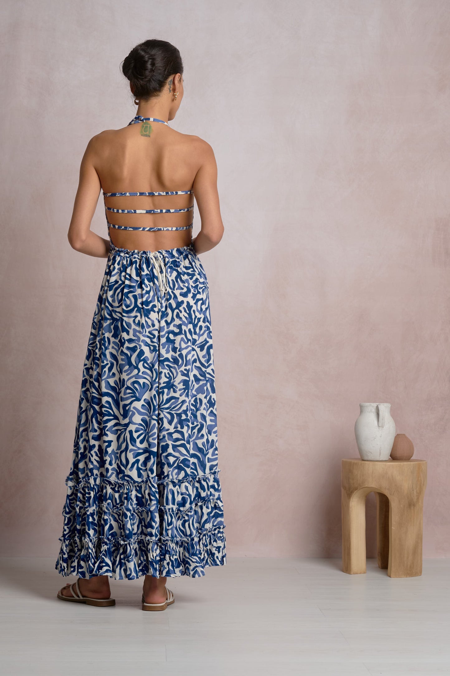 Spaghetti Strap Open Back Smocked Front Maxi Dress - Blue Carolina