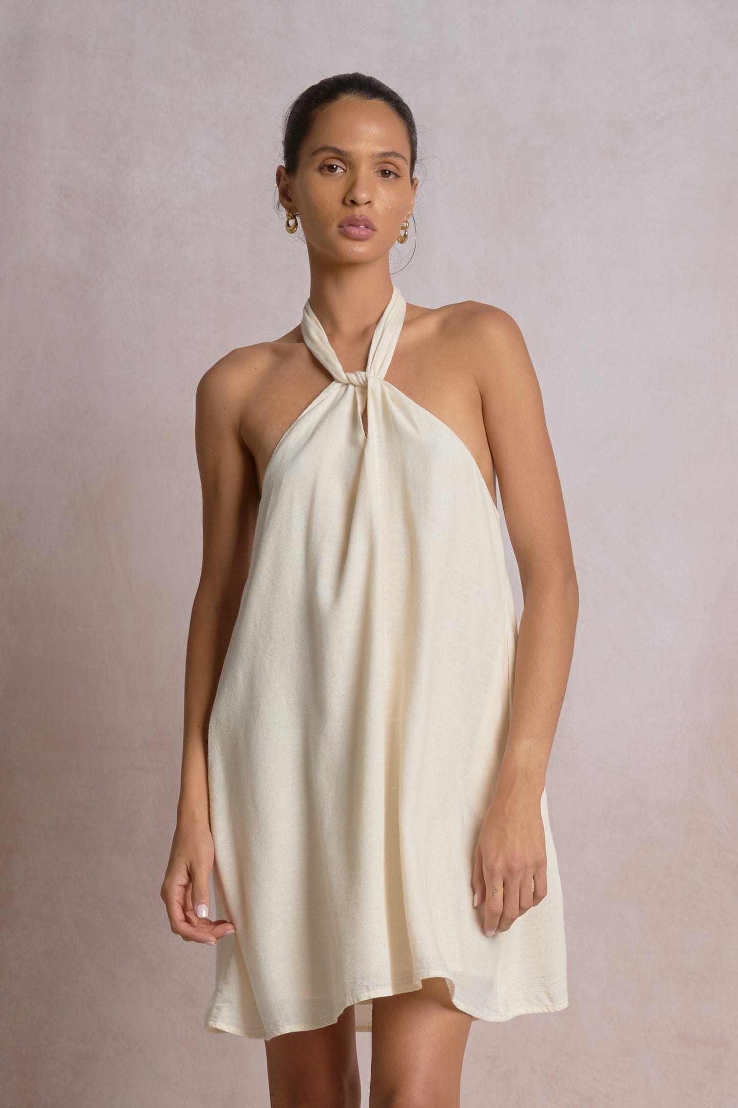 Halter Neck Tie Mini Dress - Off White