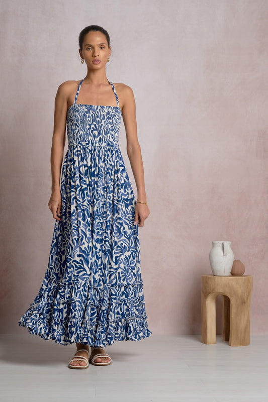 Spaghetti Strap Open Back Smocked Front Maxi Dress - Blue Carolina