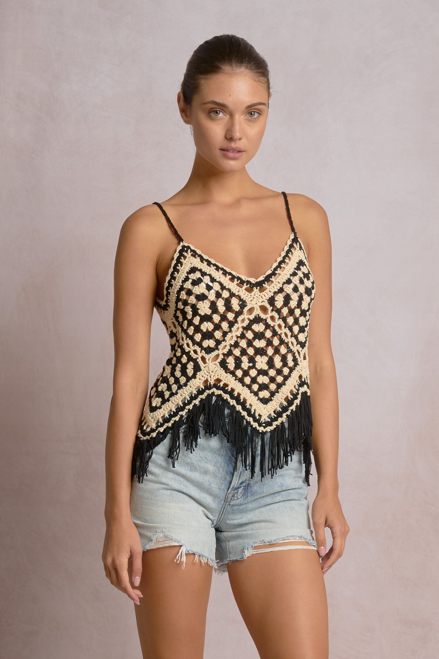 Crochet Tank Top with Fringe Bottom - Natural/Black