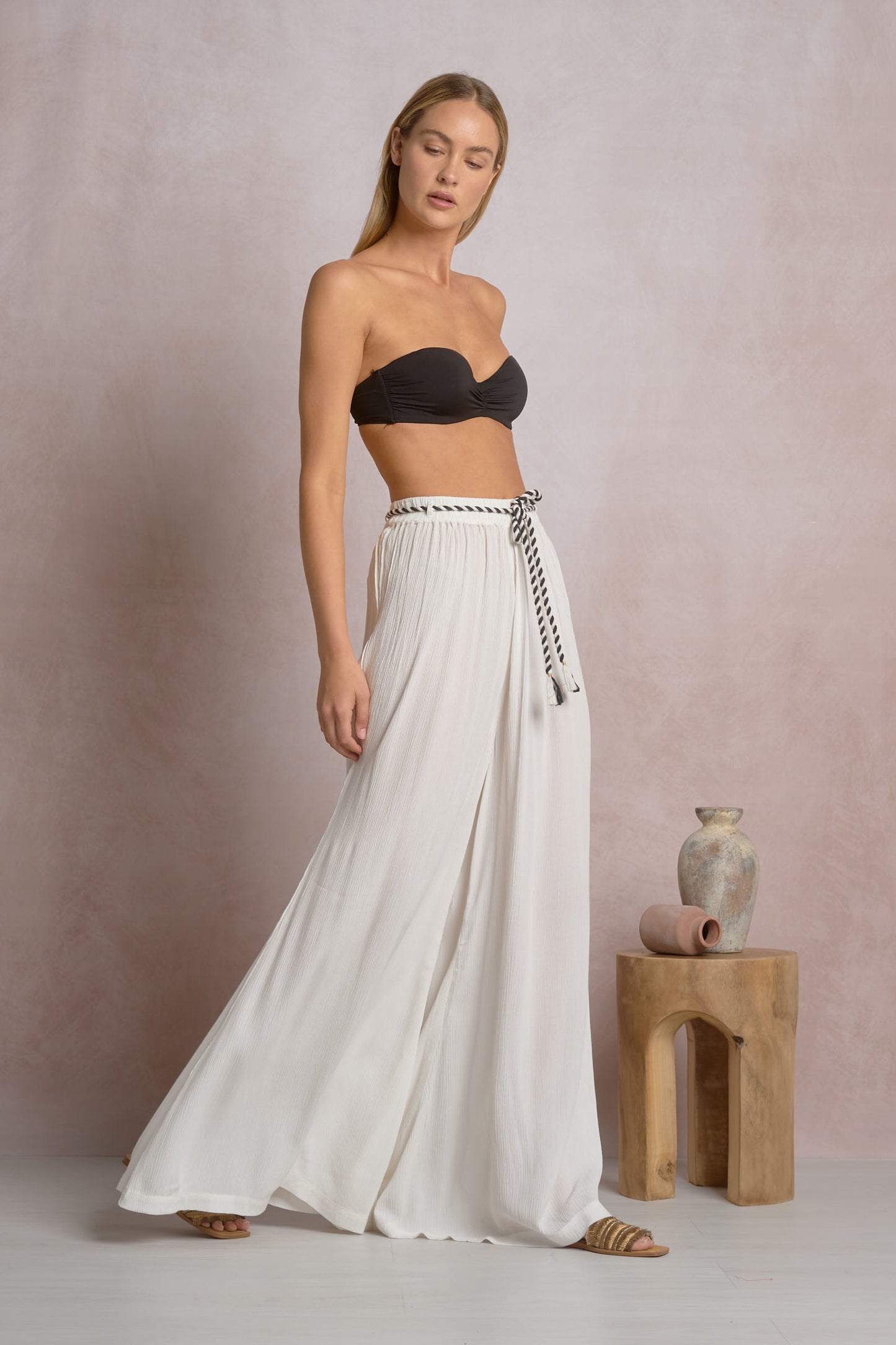 Flowy Pants with Braided Rope Tie - White