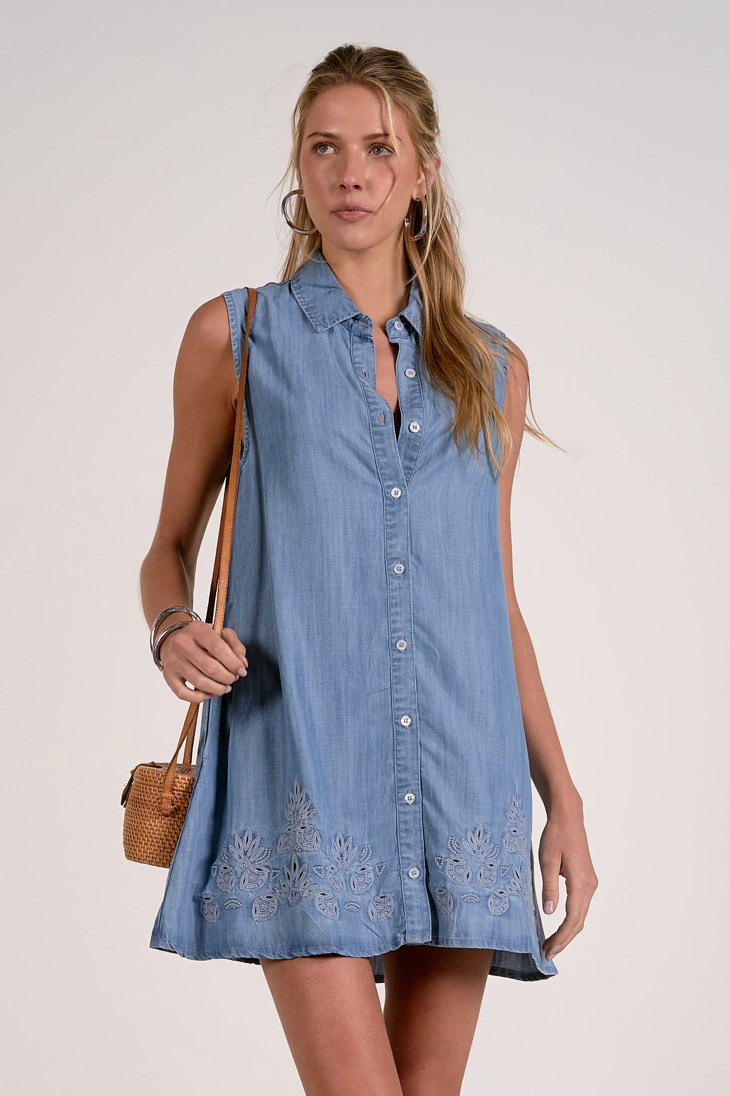 Sleeveless Button Down Mini Dress - Blue Denim