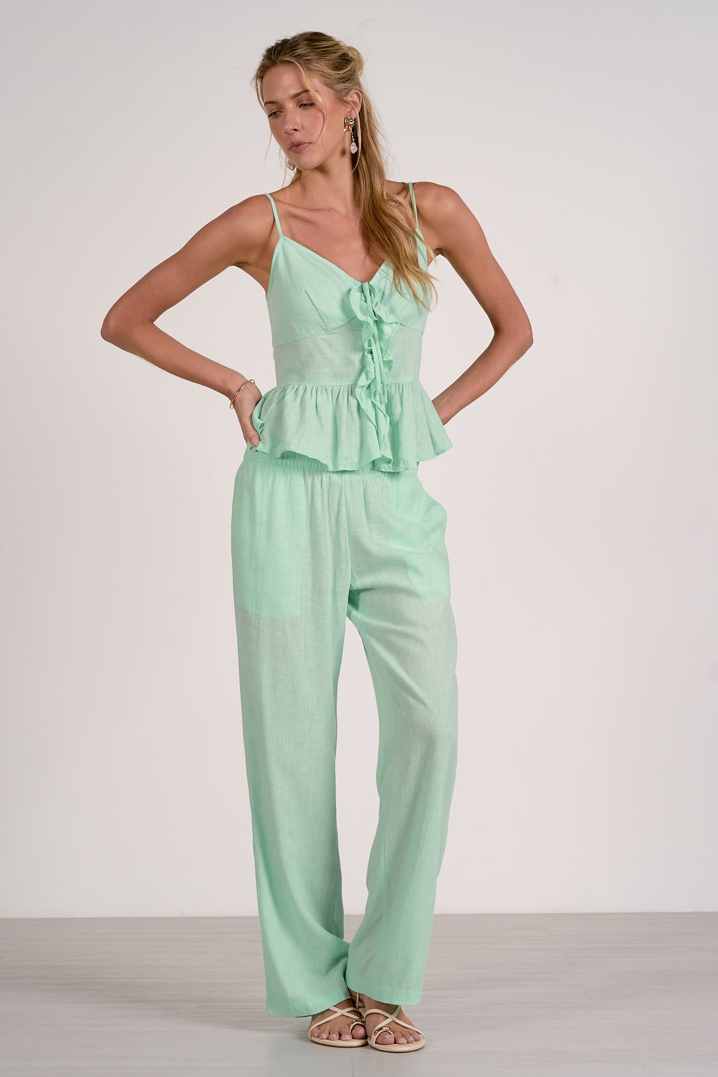 Spaghetti Strap Tie Front Tank Top - Mint