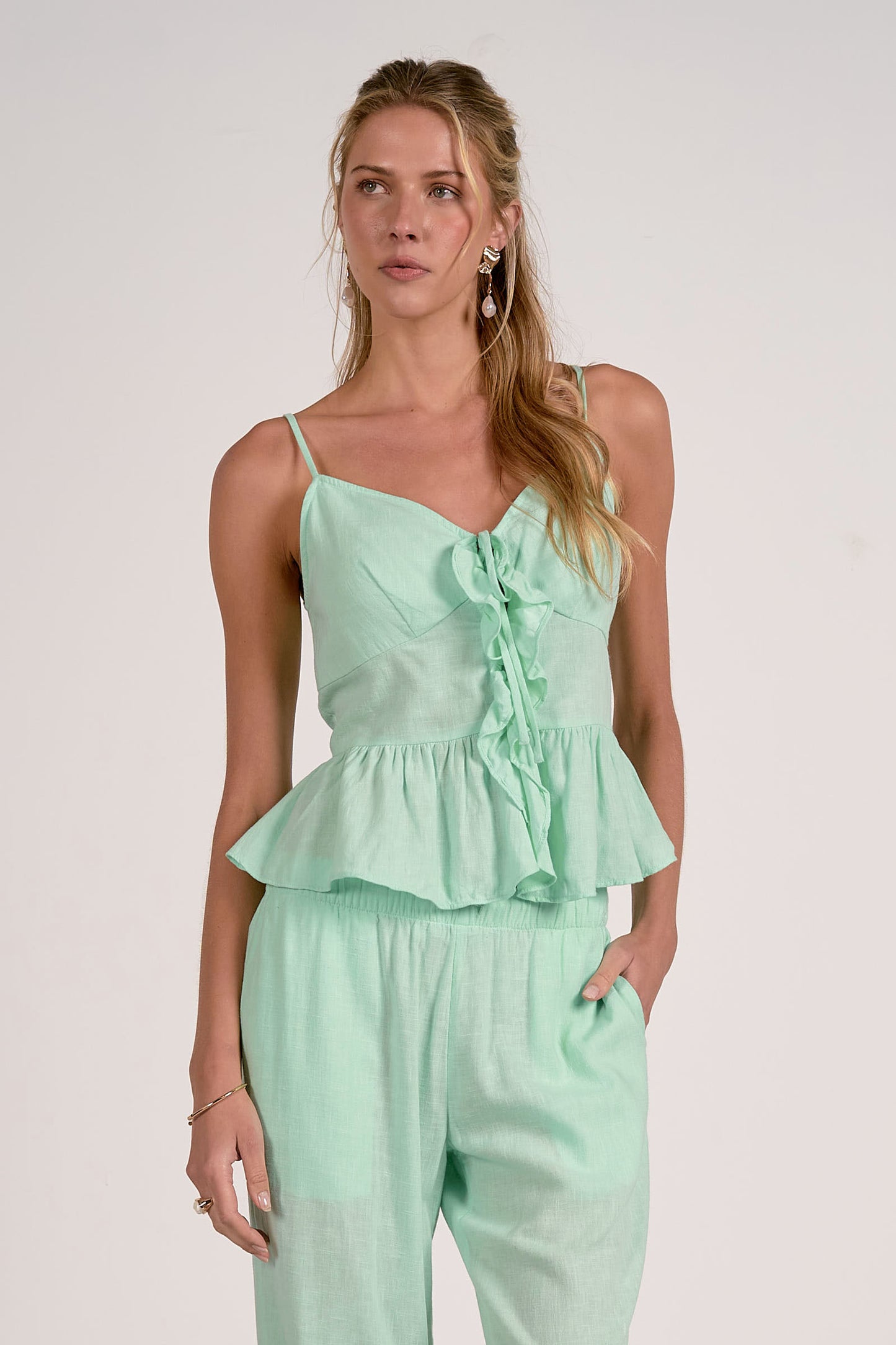 Spaghetti Strap Tie Front Tank Top - Mint