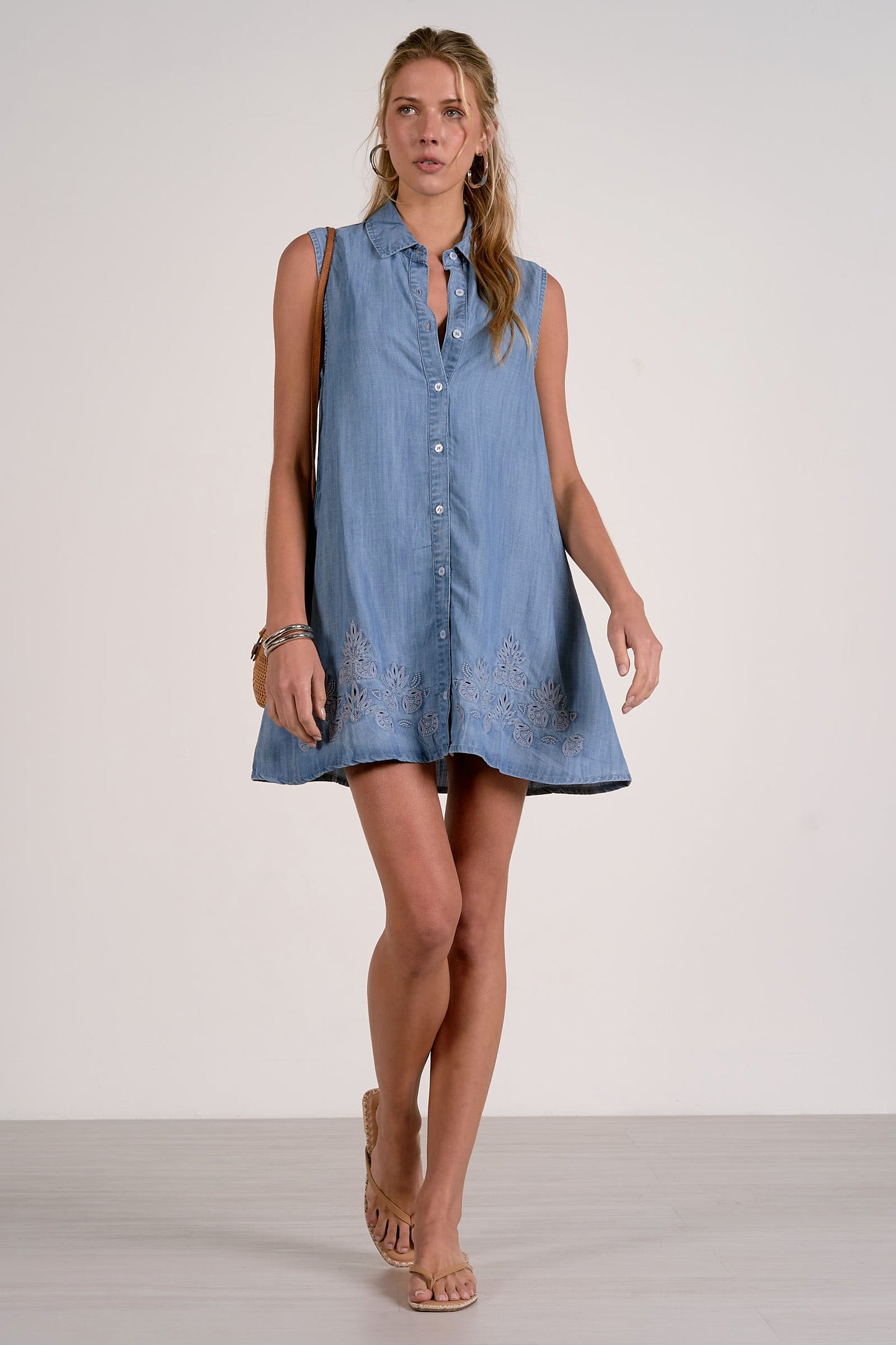 Sleeveless Button Down Mini Dress - Blue Denim