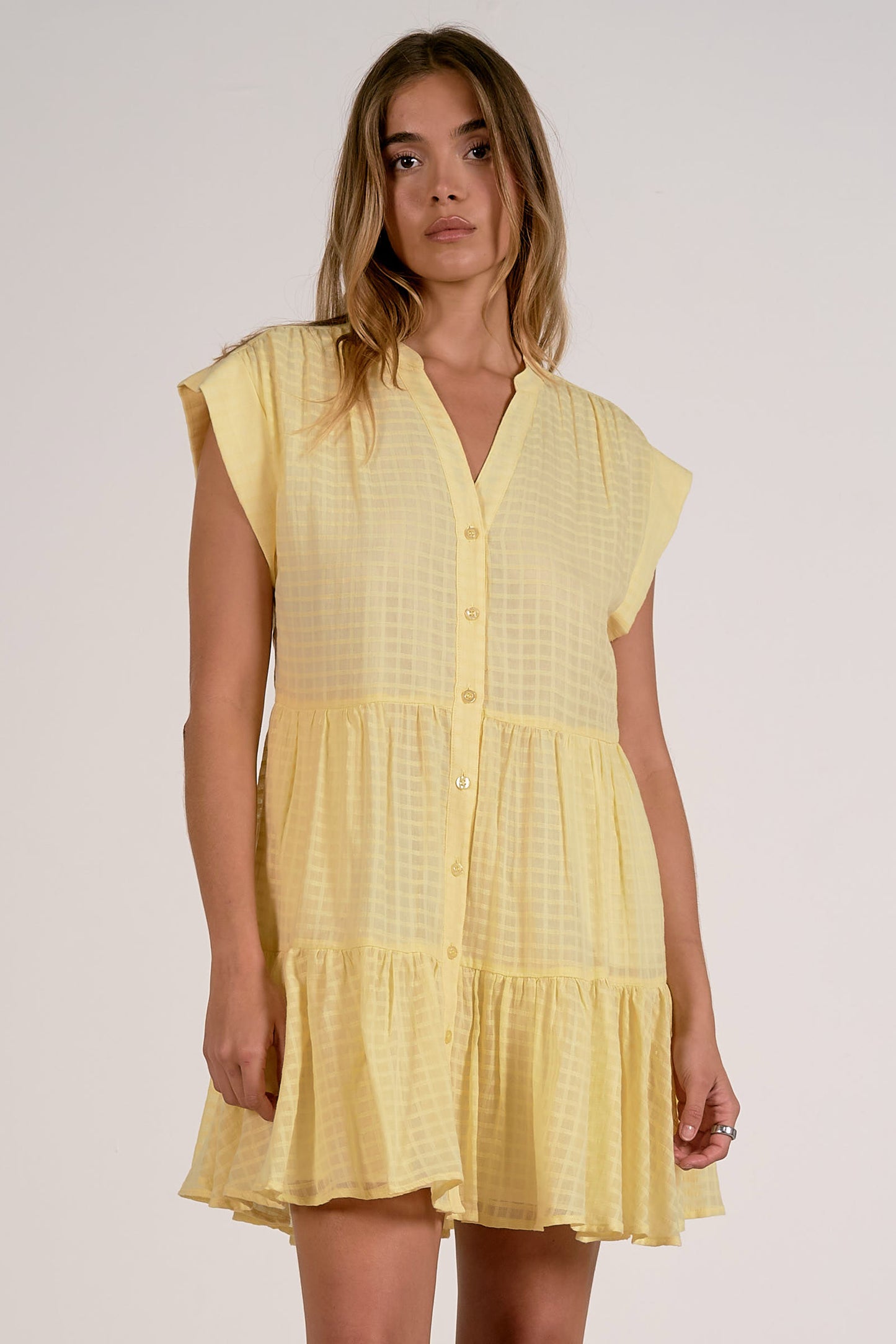 Cap Sleeve Tiered Mini Dress - Yellow