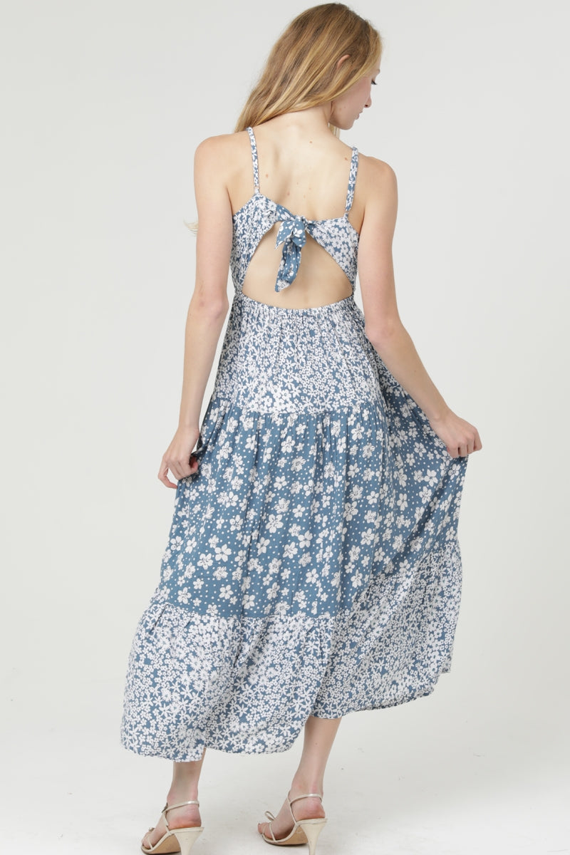 V-Neck Open Tie-Back Mixed Print Maxi Dress - Peacock