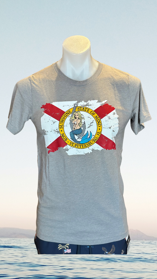 Short Sleeve T-Shirt - Light Grey - Kaia on Distressed FL Flag (Front)