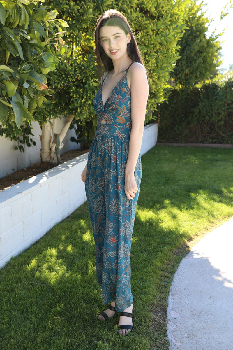 V-Neck Twist Front Wide Leg Jumpsuit - Lagoon