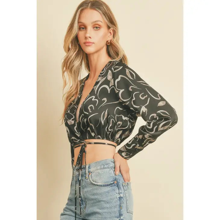 Love Strong Cropped Wrap Top - Black/Grey