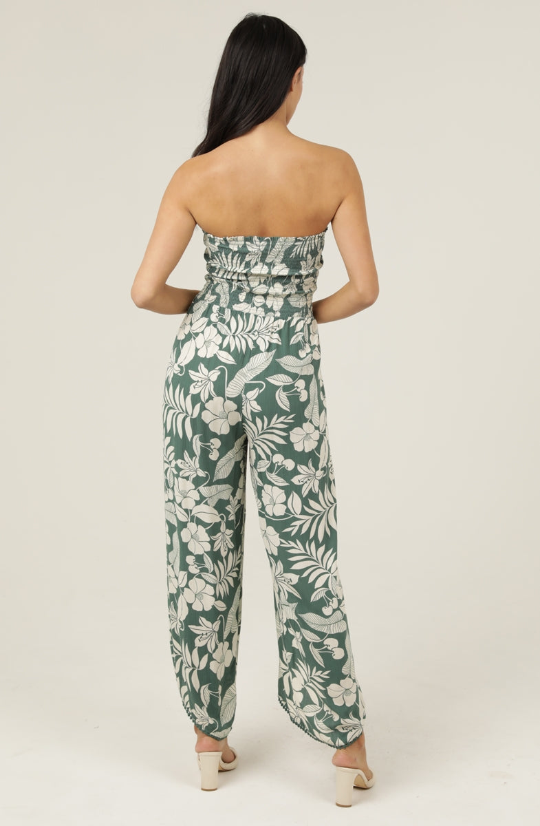Strapless Smocked  Bodice Wrap Leg Jumpsuit - Green Floral