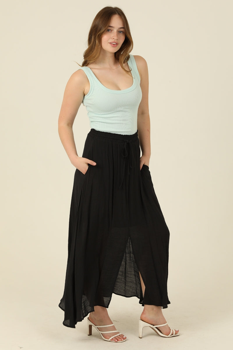 Smocked Waistband Maxi Skirt Center Slit - Black