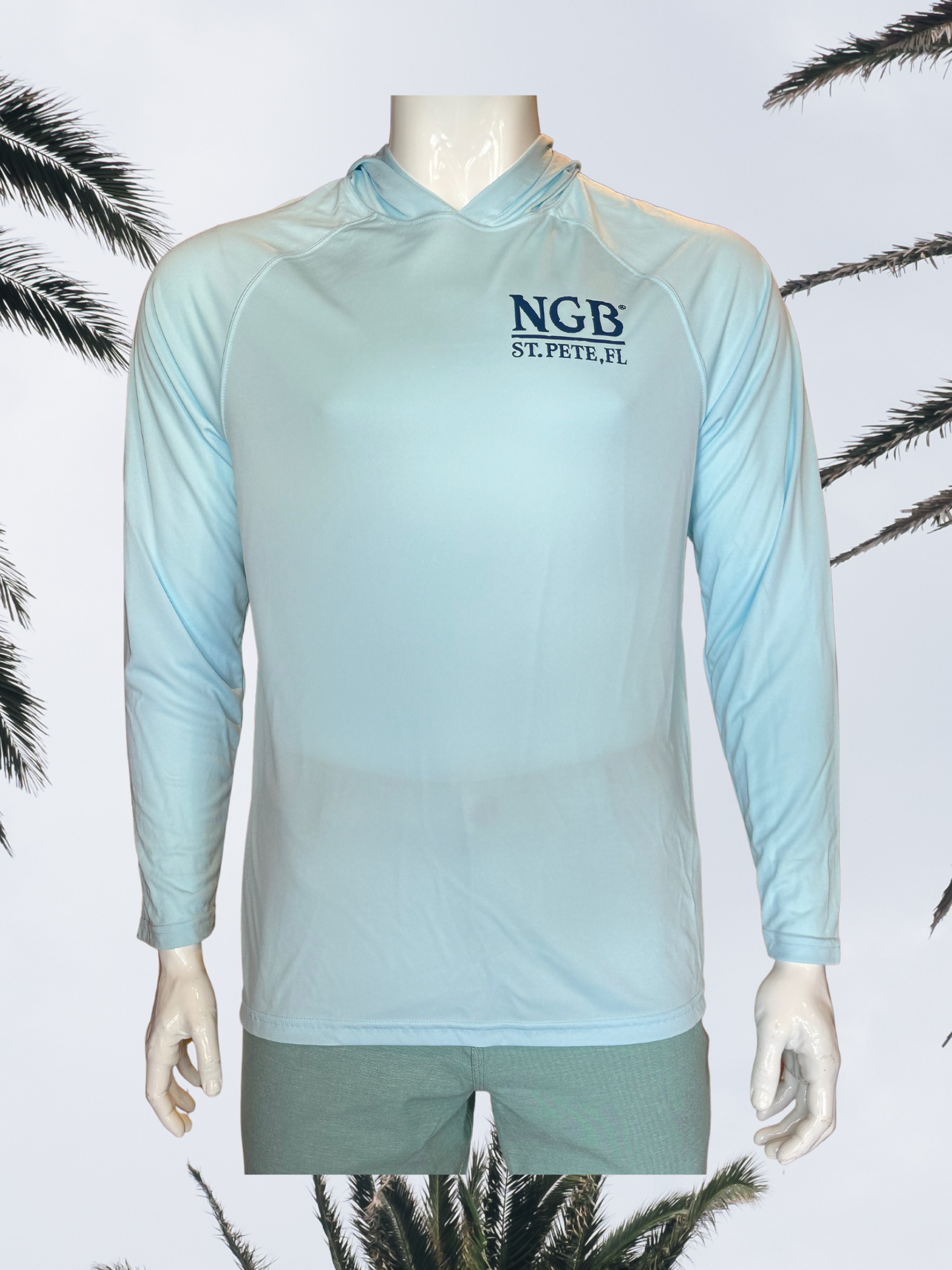 Long Sleeve UPF Sun Shirt with Hood - Pastel Blue - Blue St. Pete Pelican
