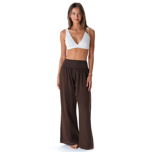 Wide Leg Cotton Pants with Pockets - Espresso