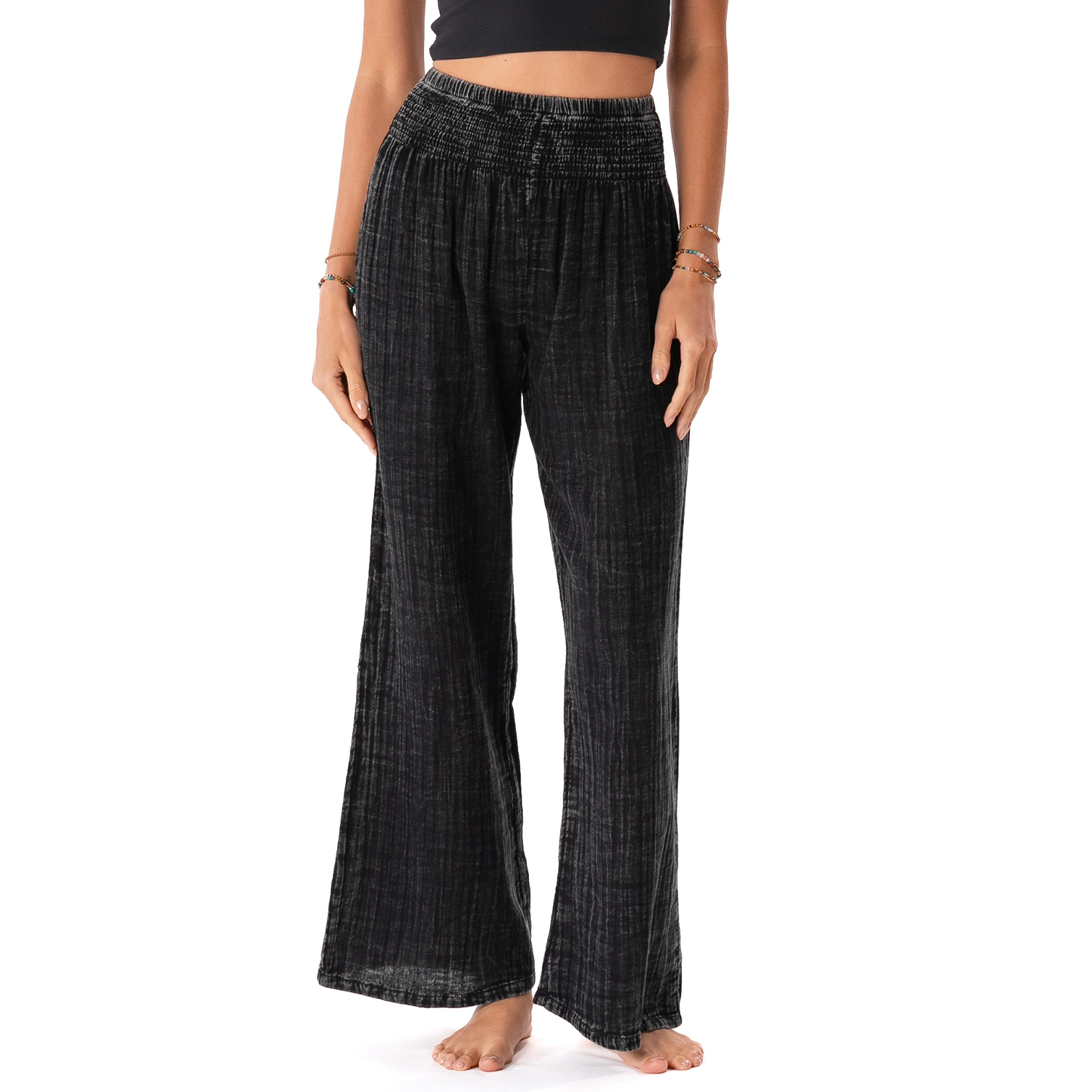 Wide Leg Cotton Pants with Pockets - Vintage Black