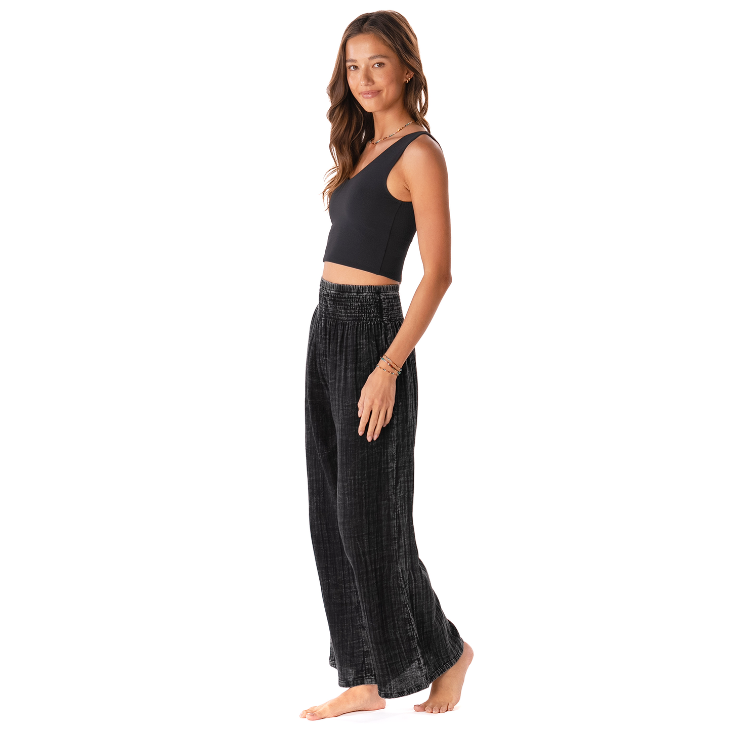 Wide Leg Cotton Pants with Pockets - Vintage Black