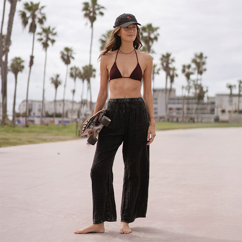 Wide Leg Cotton Pants with Pockets - Vintage Black