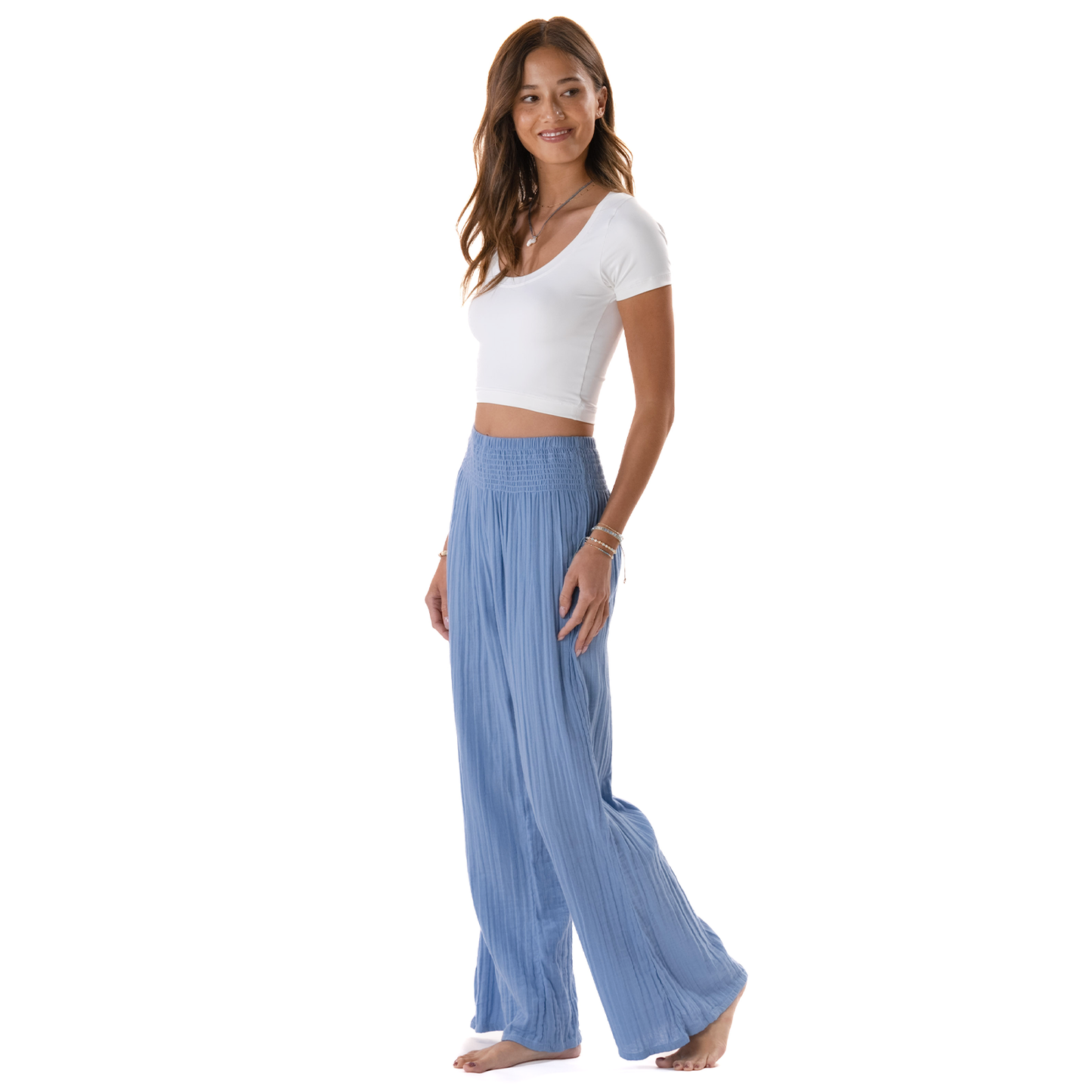 Wide Leg Cotton Pants with Pockets - Denim Blue