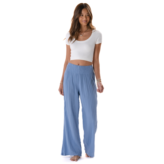 Wide Leg Cotton Pants with Pockets - Denim Blue