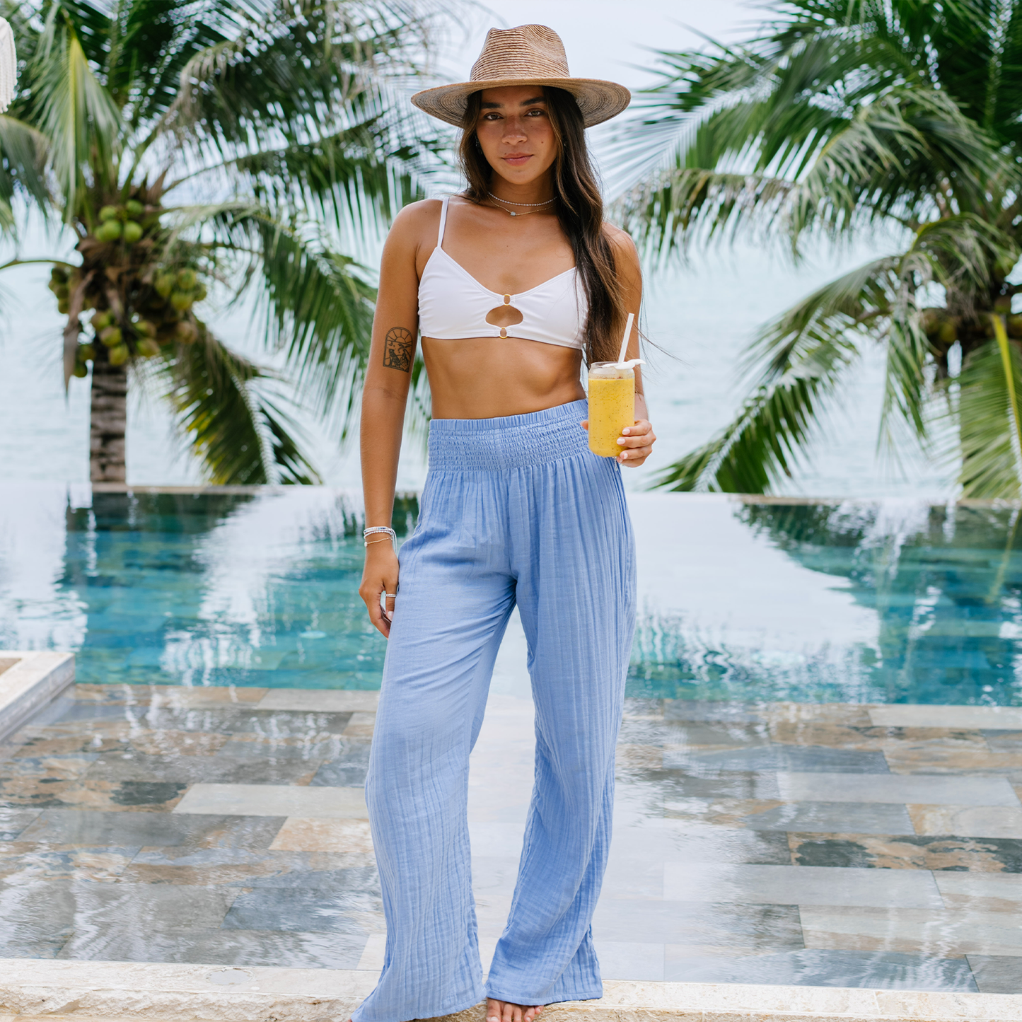 Wide Leg Cotton Pants with Pockets - Denim Blue