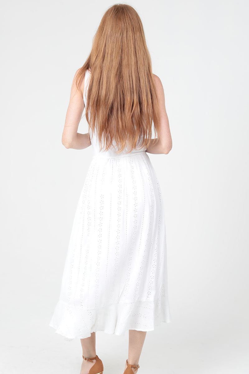 Eyelet Side Slit Ruffle Midi Skirt - White