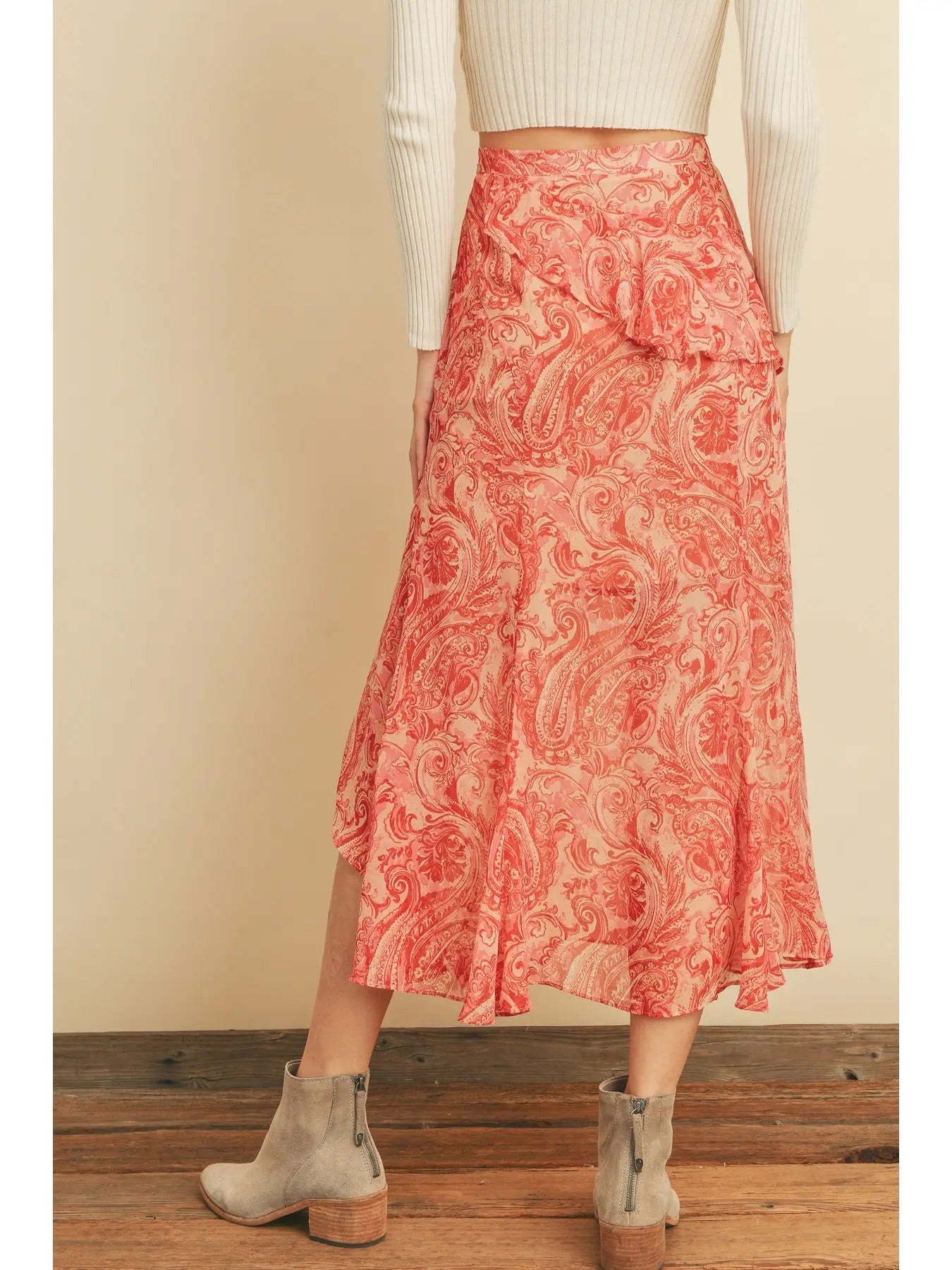 Love Lane Diagonal Ruffled Midi Skirt - Fiesta