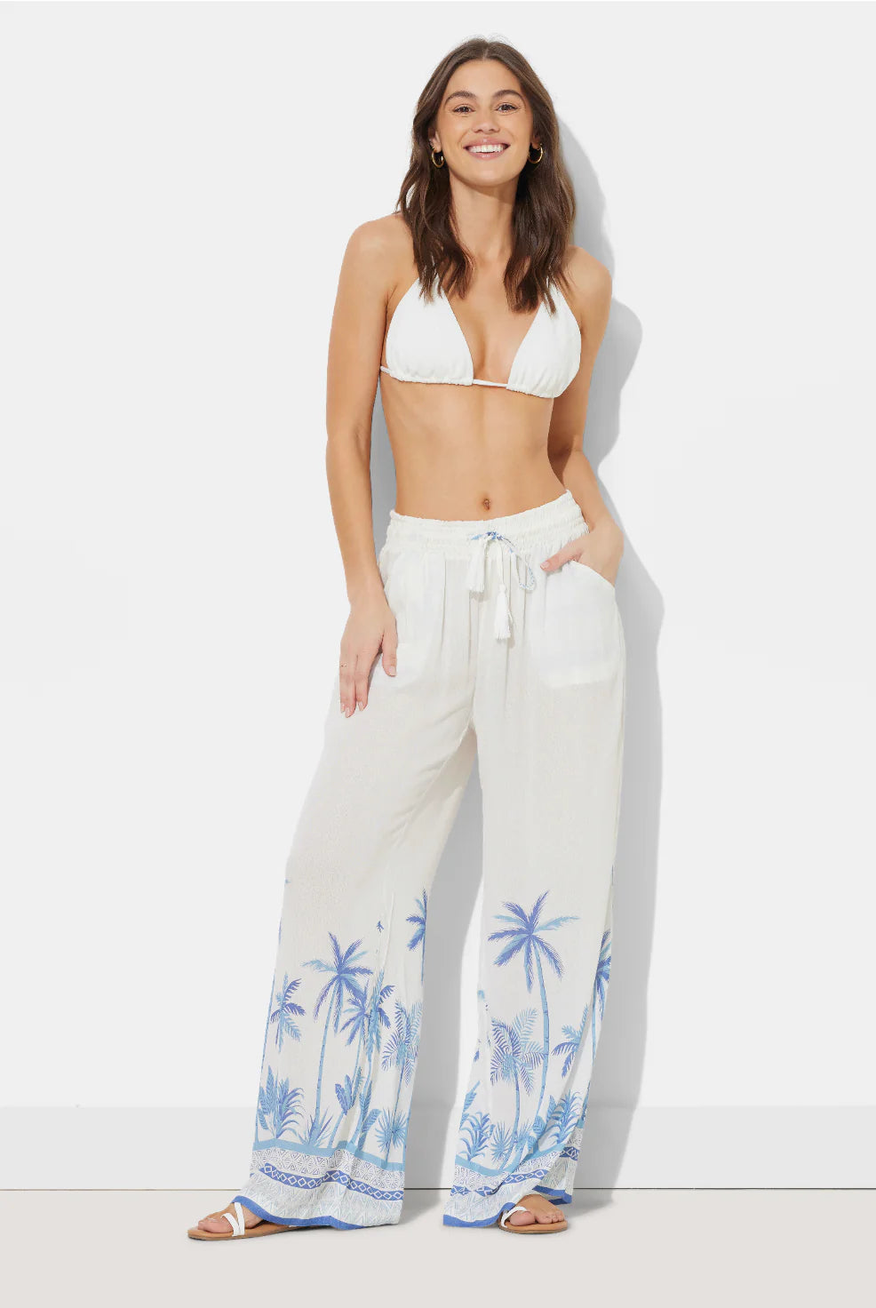 Wide Leg Rayon Crinkle Pants - White/Tonal Blue Palm