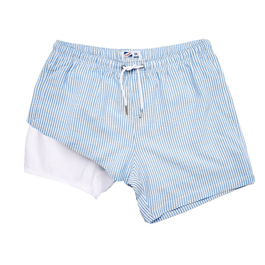 Classic Seersucker Swim Shorts with Compression Liner - Blue