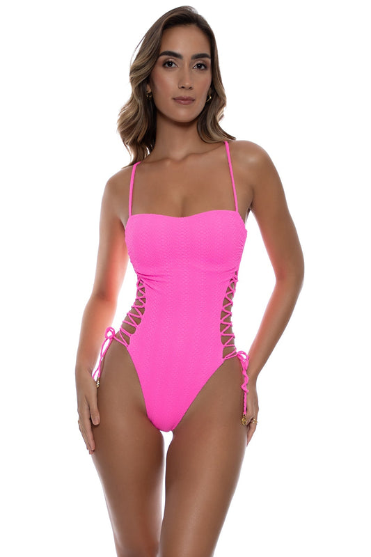 Square Neck Lace Up One Piece Swimsuit - Wavy Baby (Blazing Pink)
