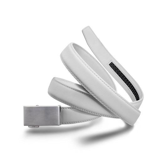30mm Leather Ratcheting Belt - White with Platinum Buckle