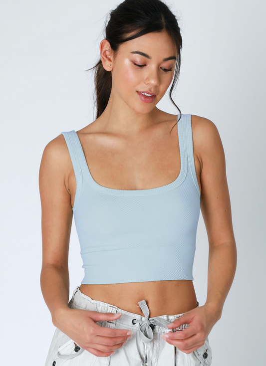 Chevron Ribbed Crop Top (One-Size) - Breezy Blue