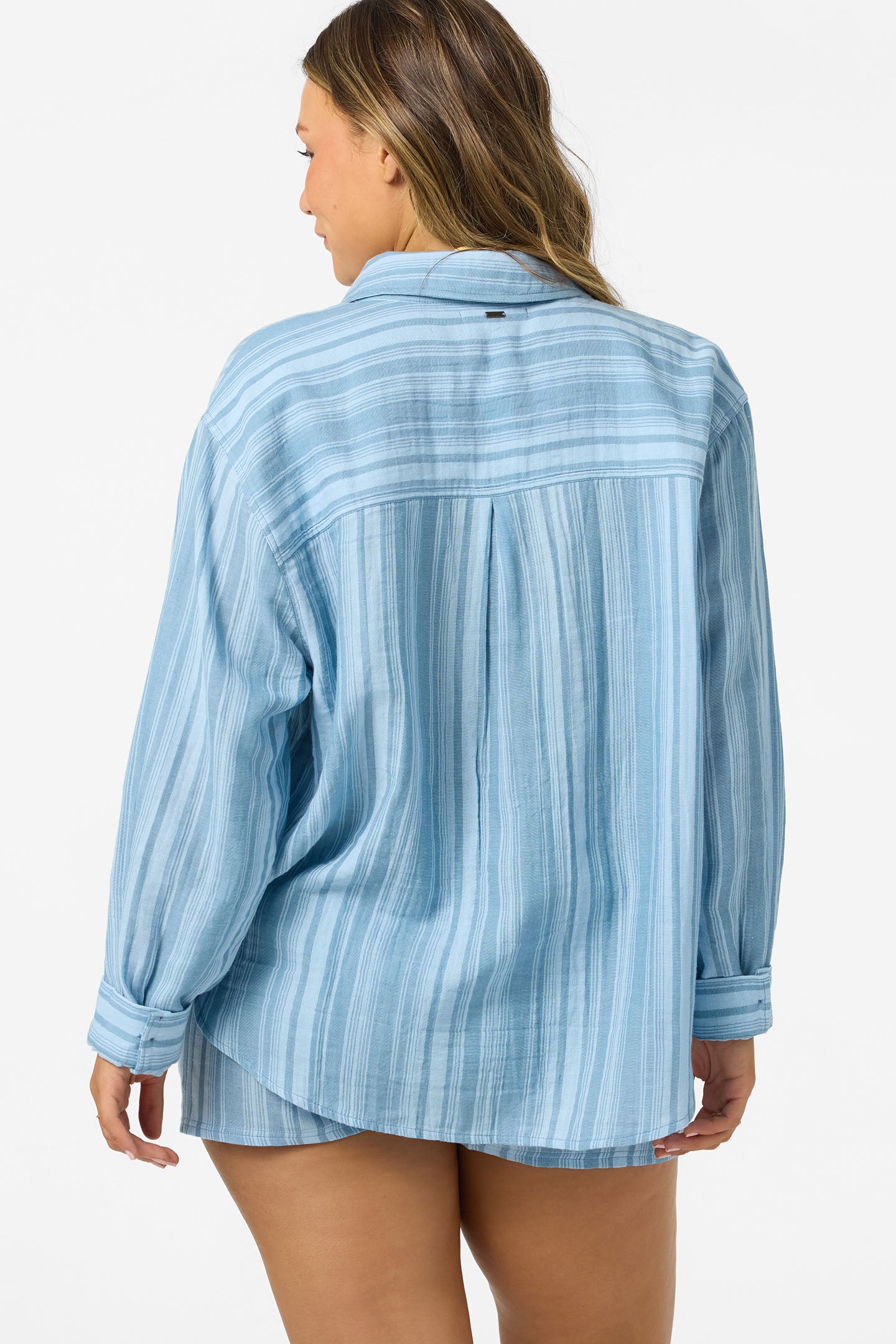 Leni Waves Strip Relaxed Long Sleeve Button-Down Shirt - Chambray Blue