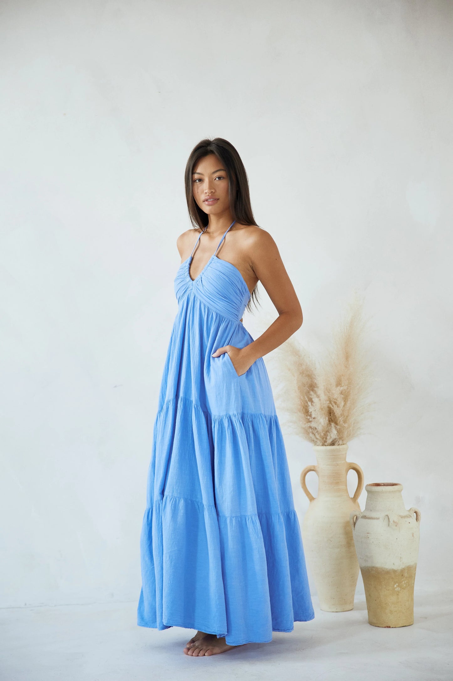 Flowy Tie Back Maxi Dress - Azure