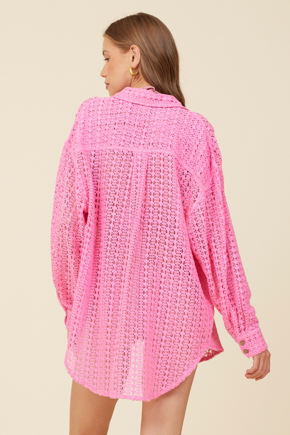 Long Sleeve Button-Down Coverup Shirt - Hot Pink