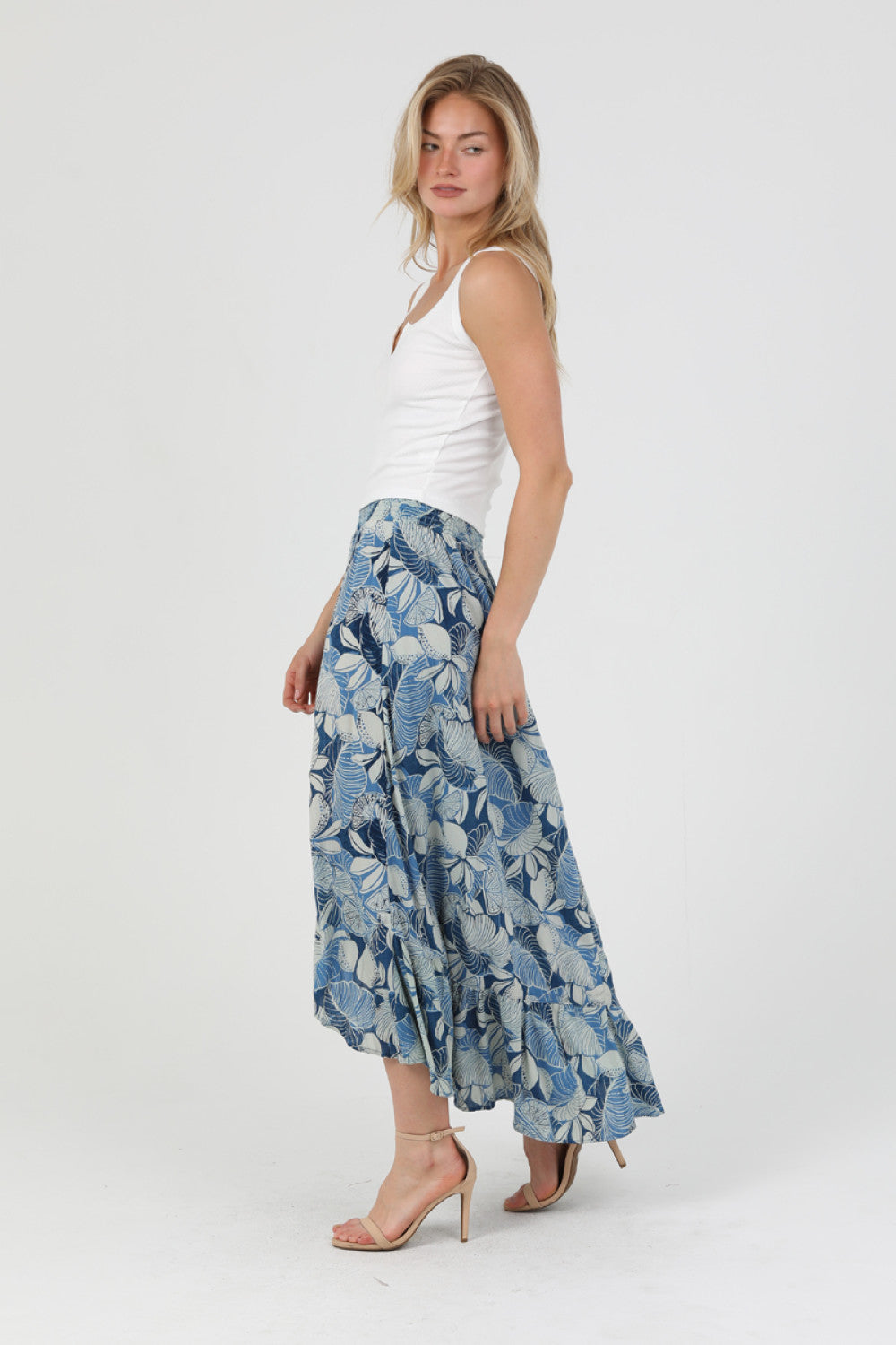 Ruffled Hem Maxi Skirt with Slit - Blue