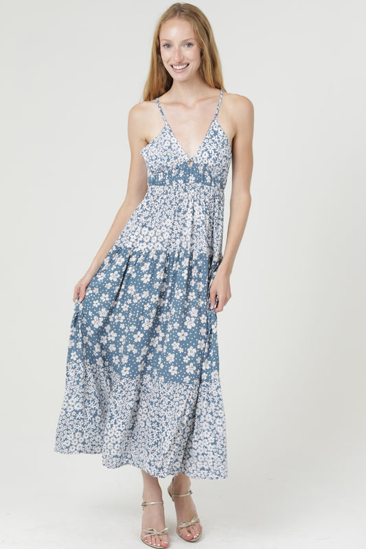 V-Neck Open Tie-Back Mixed Print Maxi Dress - Peacock