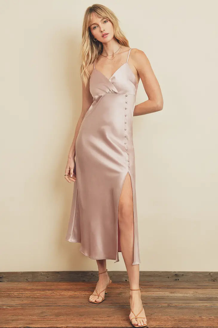 Side Button Surplice Midi Dress - Pearl Pink
