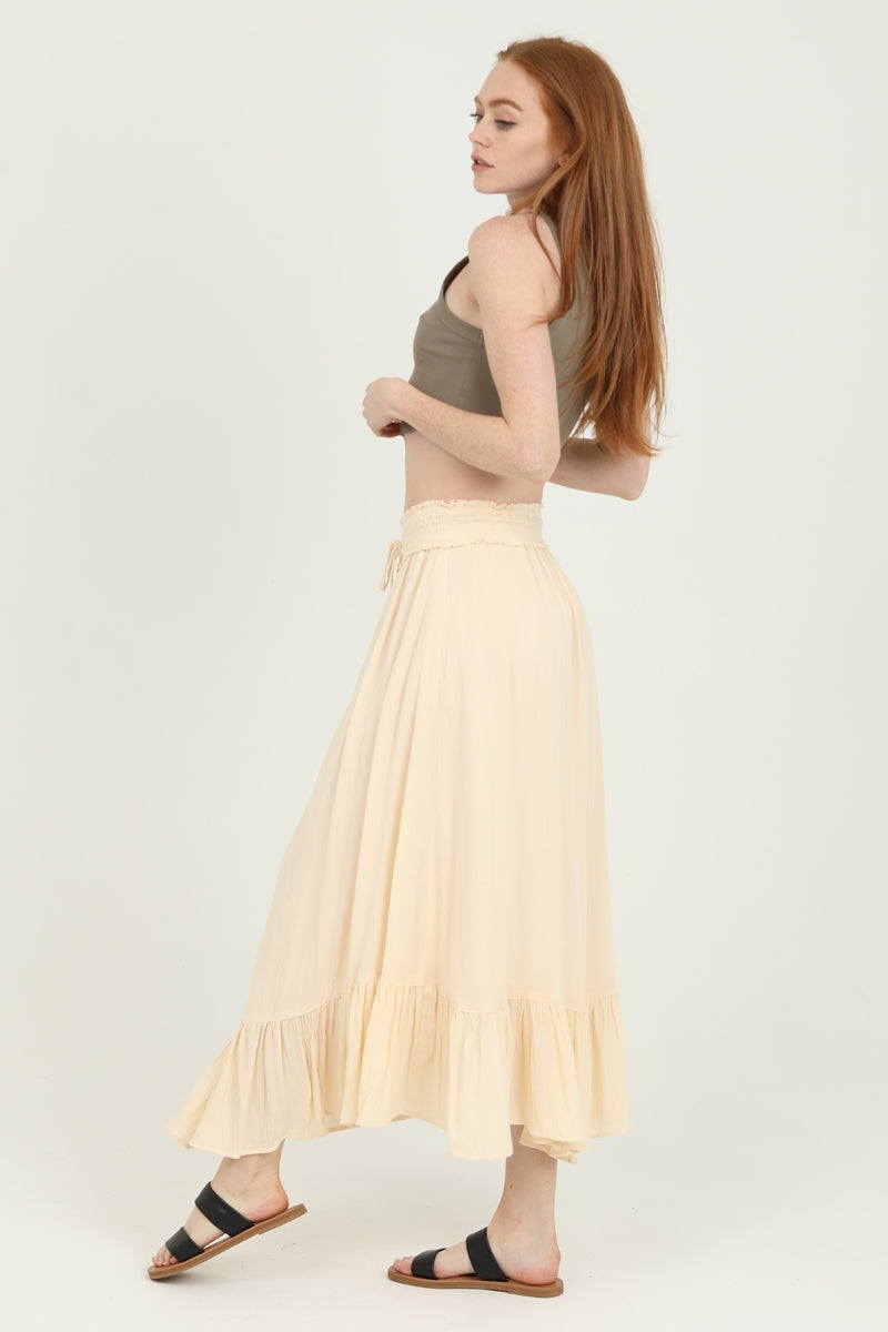 Smocked Waistband Maxi Skirt with Angled Hem  - Ivory