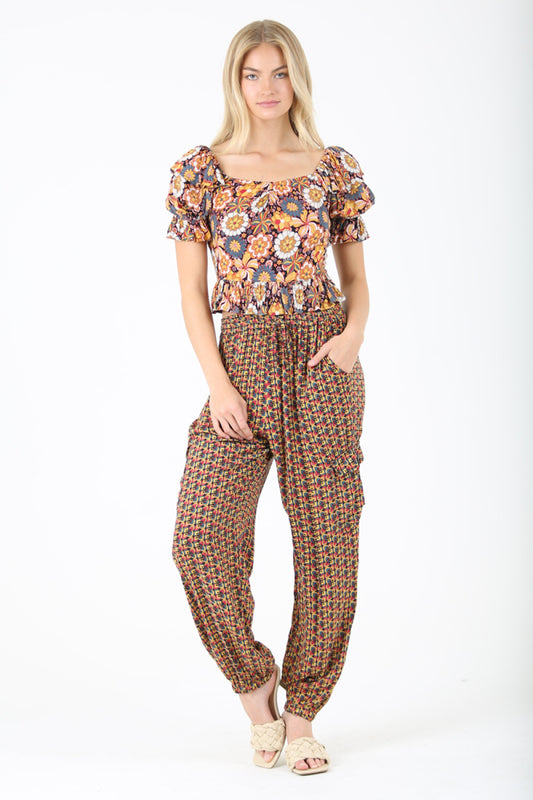 Angie Jogger Pants - Black with Petal Pattern