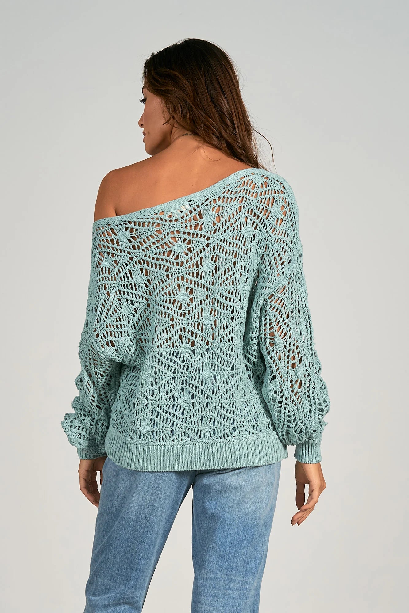 Crochet Off-Shoulder Sweater - Blue Spa