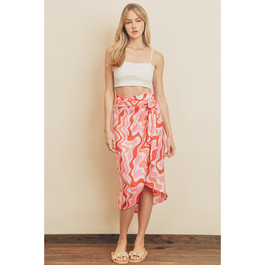 Groovy Tulip Wrap Midi Skirt - Coral/Red