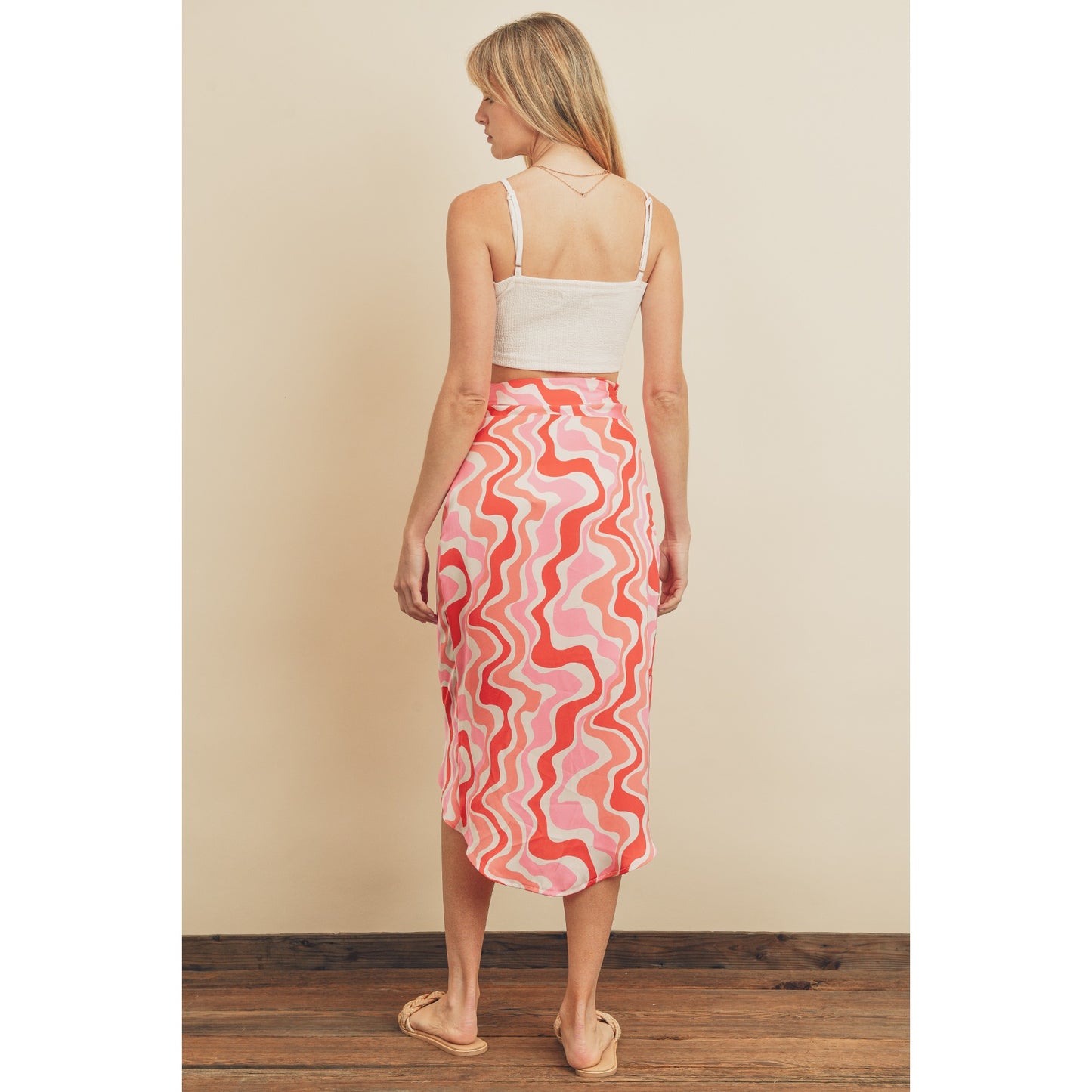 Groovy Tulip Wrap Midi Skirt - Coral/Red