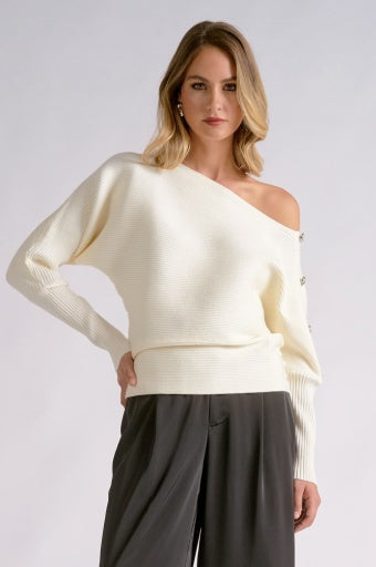 Asymmetric Off-Shoulder Sweater with Sleeve Buttons - White