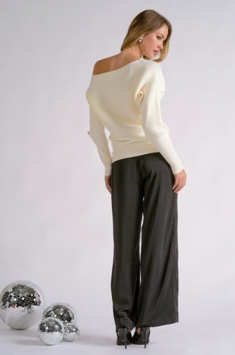 Asymmetric Off-Shoulder Sweater with Sleeve Buttons - White