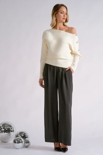 Asymmetric Off-Shoulder Sweater with Sleeve Buttons - White