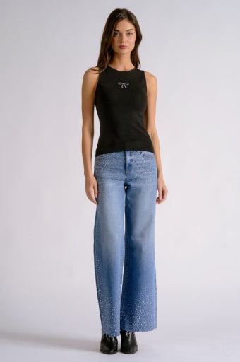 Crew Neck Ribbed Tank Top - Black Bow