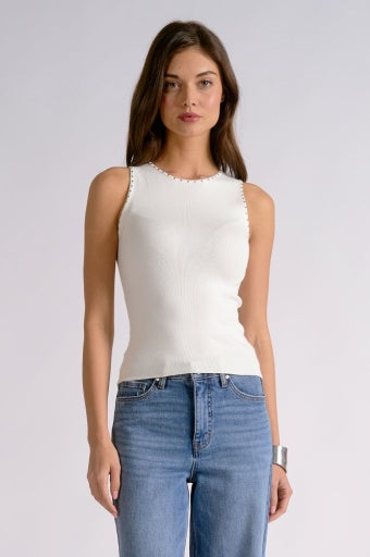 Crew Neck Ribbed Tank Top - White Stud